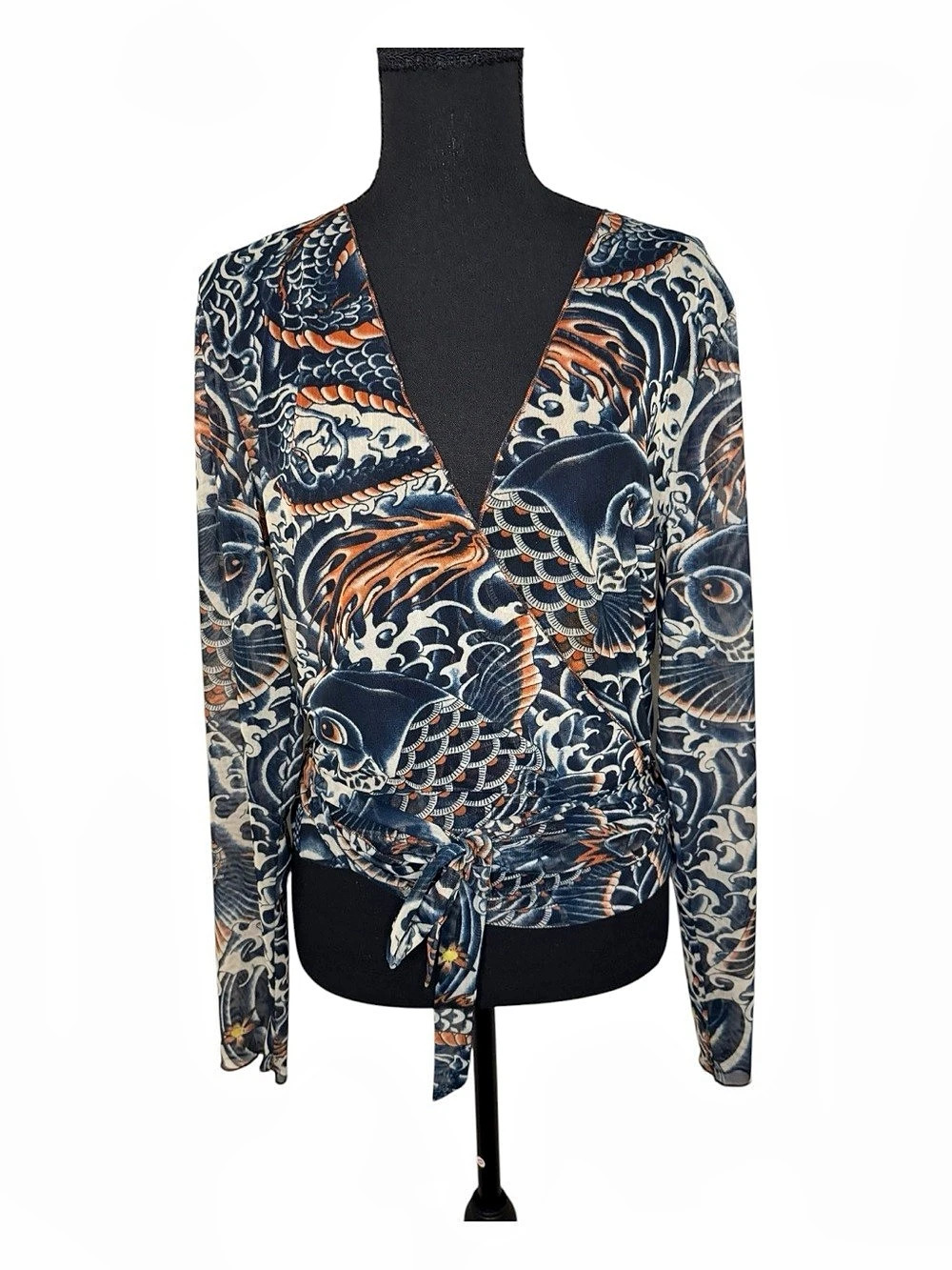 Jean Paul Gaultier 2010 Printed Wrap Front Long Sleeve Blouse Size Large